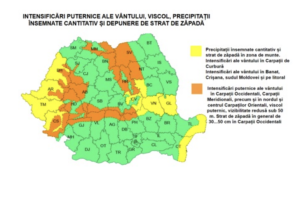 Cod galben și cod portocaliu în vest. Vânt puternic și viscol la munte