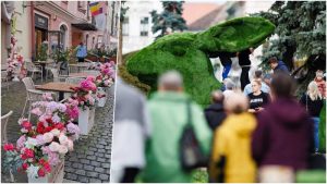 Florile din plastic de pe terasa unei cafenele ard la buzunar. Gazonul artificial, plătit din bani publici, e în regulă