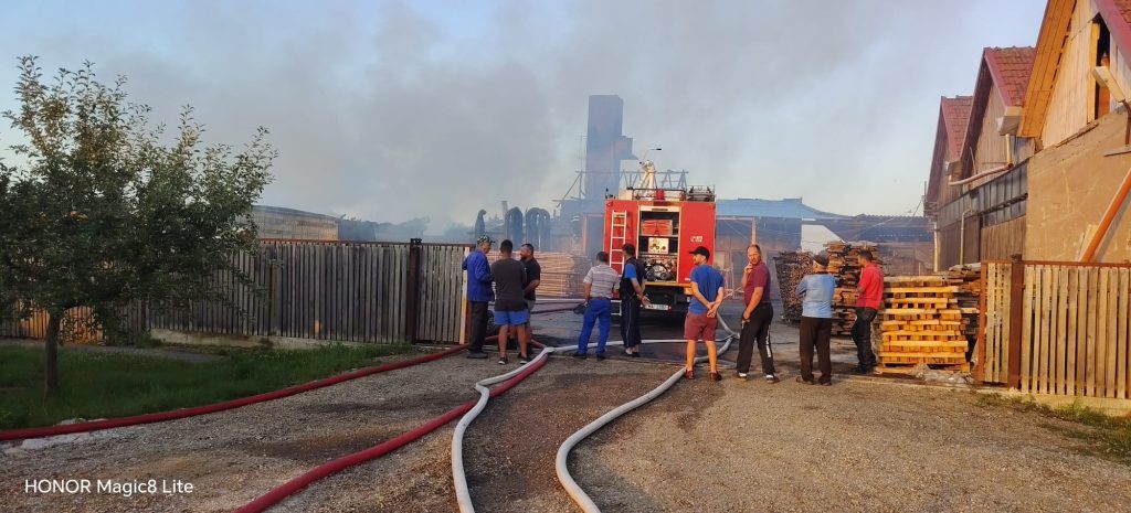 Incendiu puternic la o fabrică de peleți din Timiș. Hala a fost distrusă
