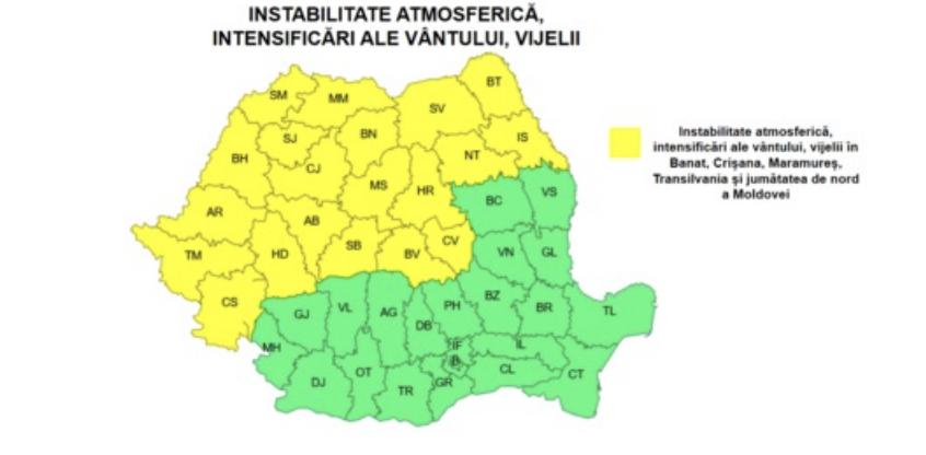 Vijelii și vânt de până la 70 km/h în Timiș. Cod galben până miercuri la prânz