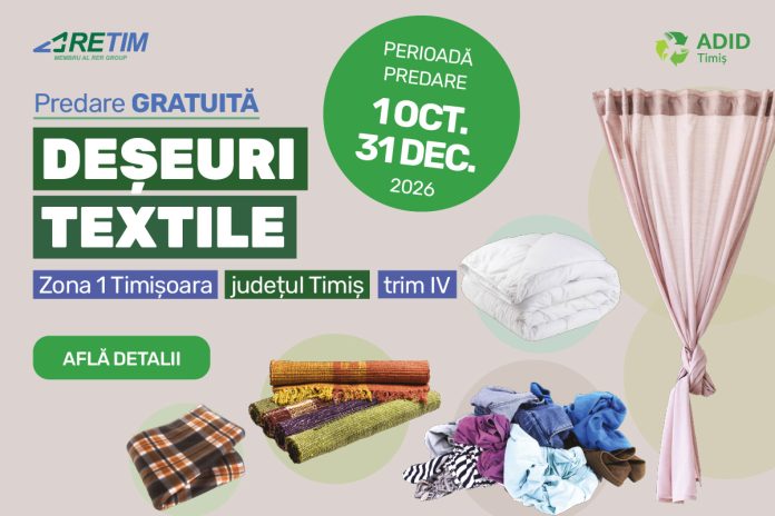 O nouă campanie RETIM și ADID Timiș din 2026: predare gratuită a deșeurilor textile în Zona 1 Timișoara O nouă campanie RETIM și ADID Timiș din 2026: predare gratuită a deșeurilor textile în Zona 1 Timișoara
